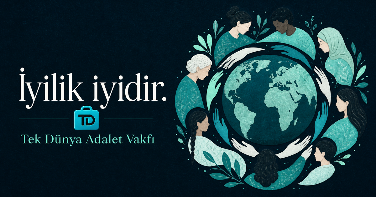 Farklı insanları dünyanın çevresinde dayanışma içinde gösteren Tek Dünya Adalet Vakfı illüstrasyonu